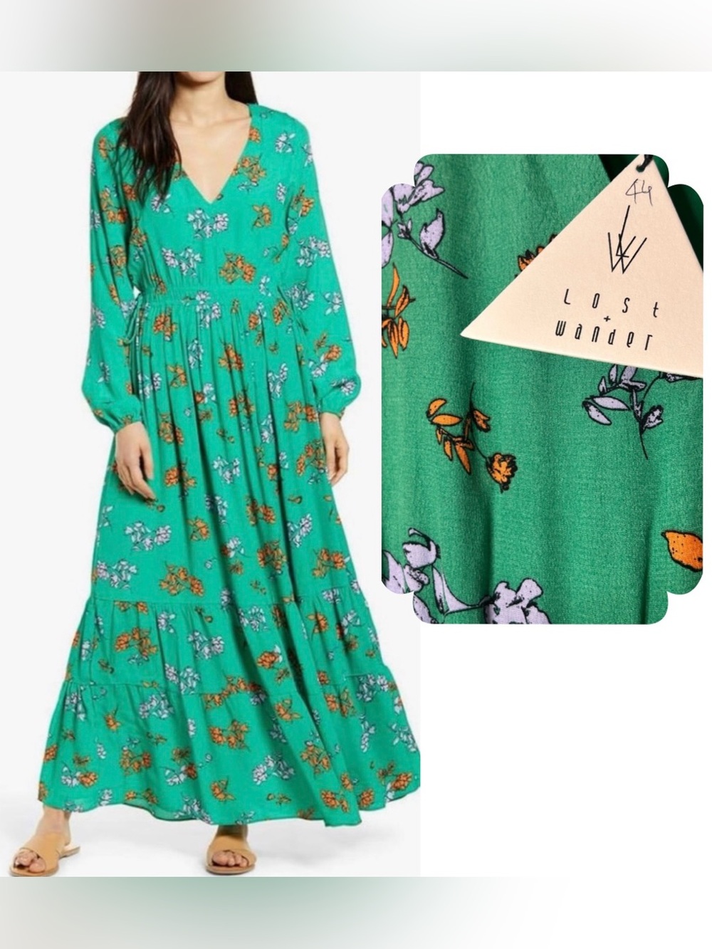 Lost + Wander Green Get Lucky Floral Long Sleeve Dress
